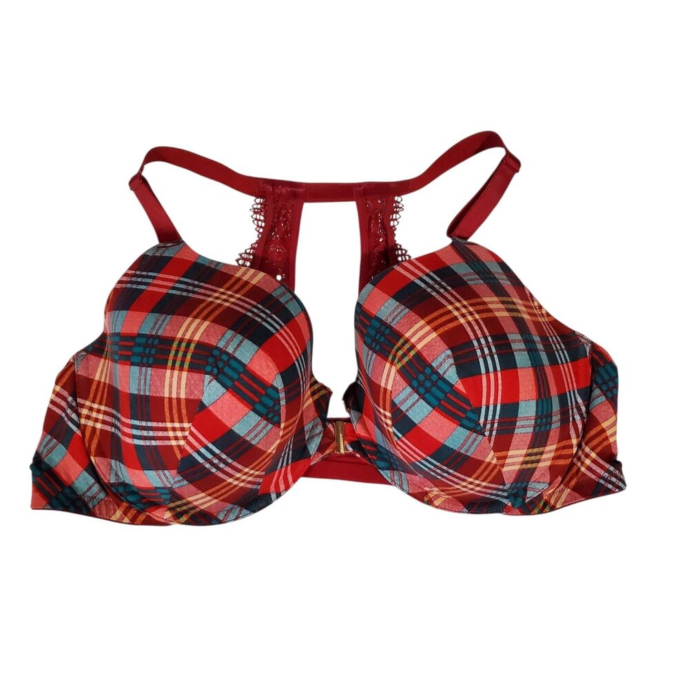 Cacique Lightly Lined T-Shirt Bra Red Plaid 46D Front Close Lace Racerback